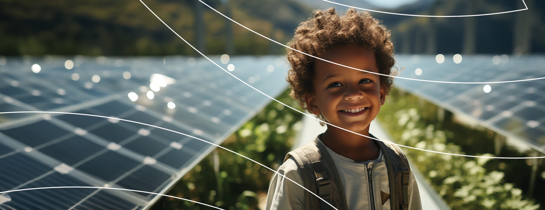 kid smiling next to solar panels