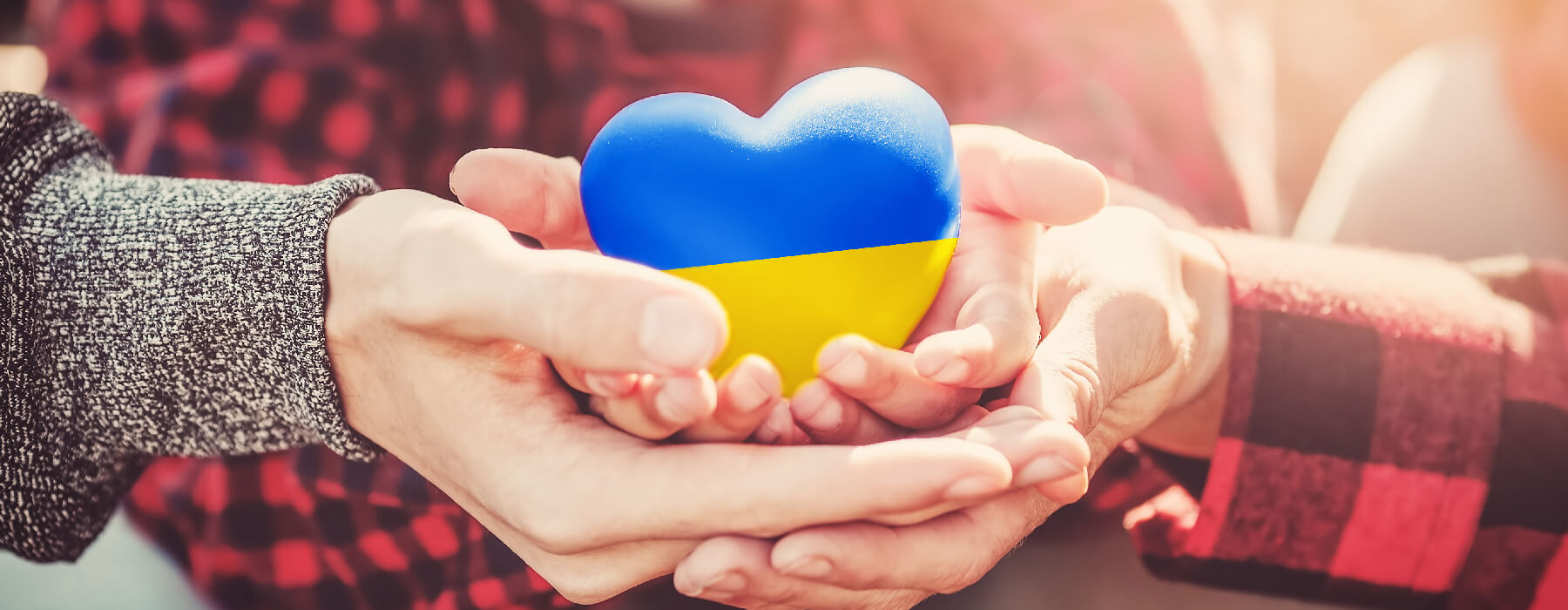 hands holding heart painted with Ukraine colors