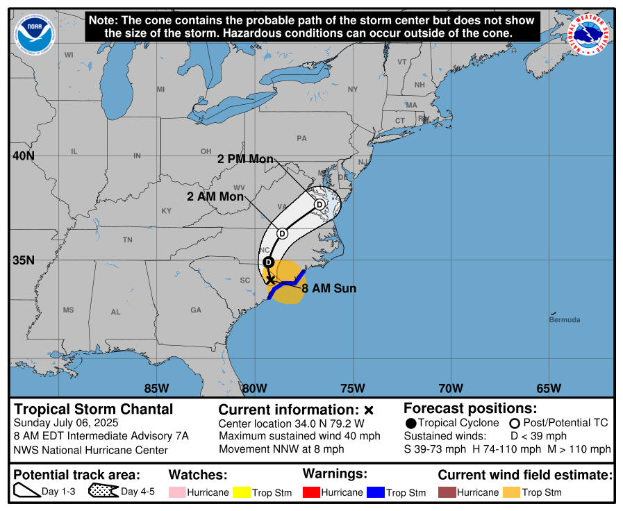 Tropical Storm Chantal 5-day cone path with line and wind from National Hurricane Center archives