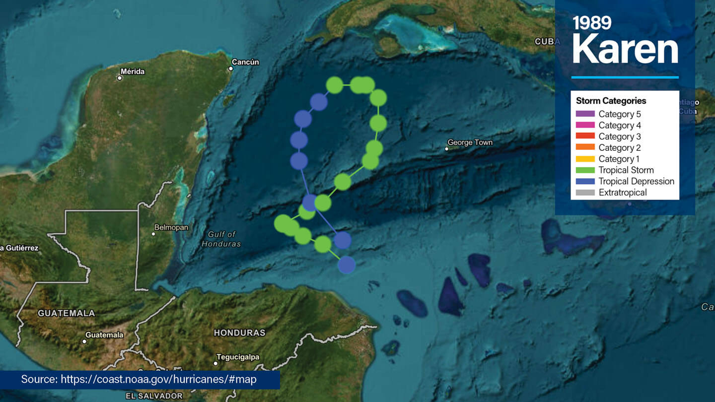 NOAA overview map of North America/Central America showing the path of 1989 Tropical Storm Karen
