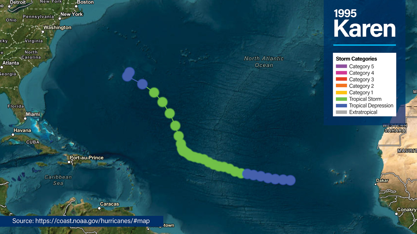 NOAA overview map of North America/Caribbean showing the path of 1995 Tropical Storm Karen