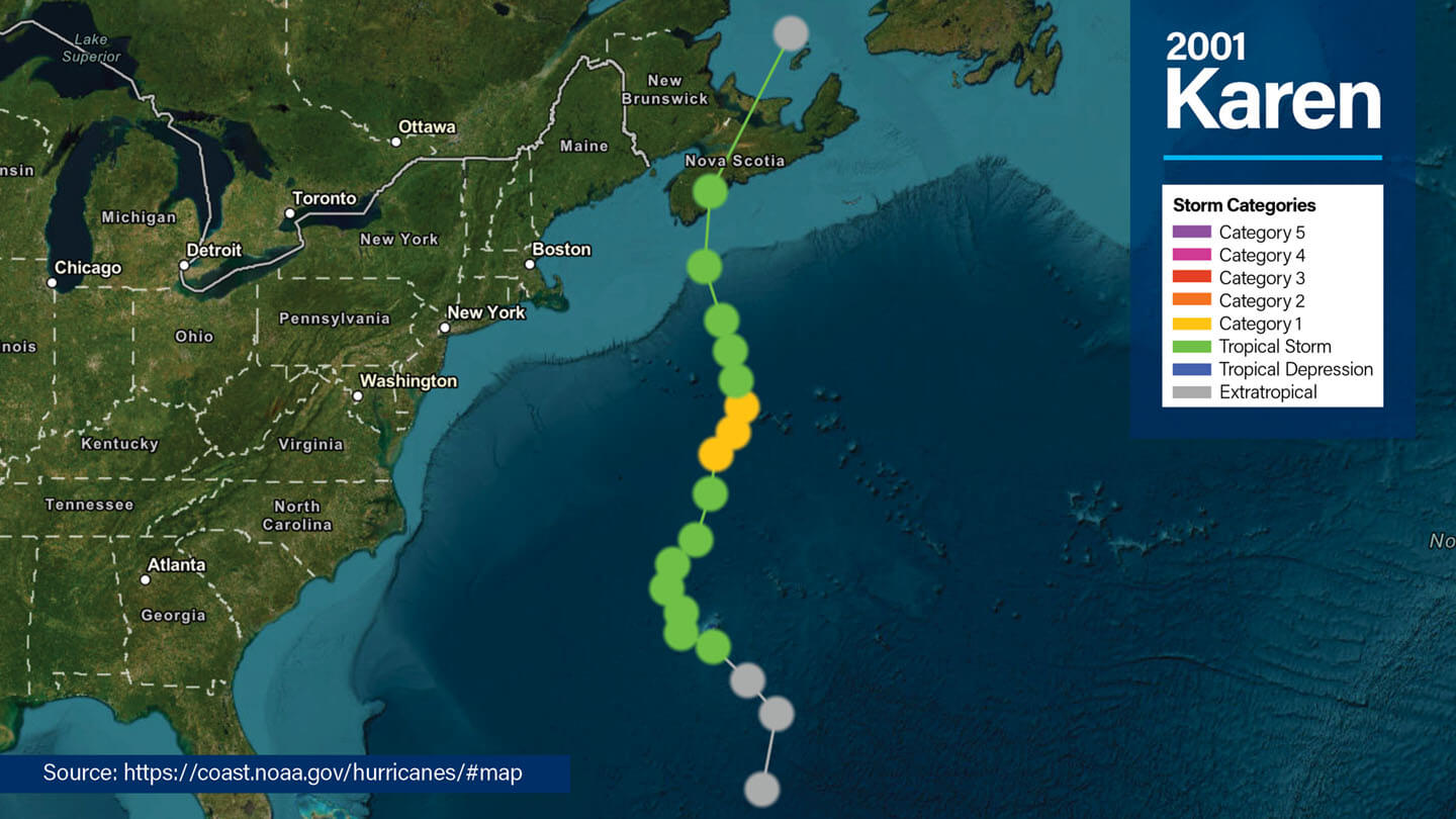 NOAA overview map of North America showing the path of 2001 Hurricane Karen