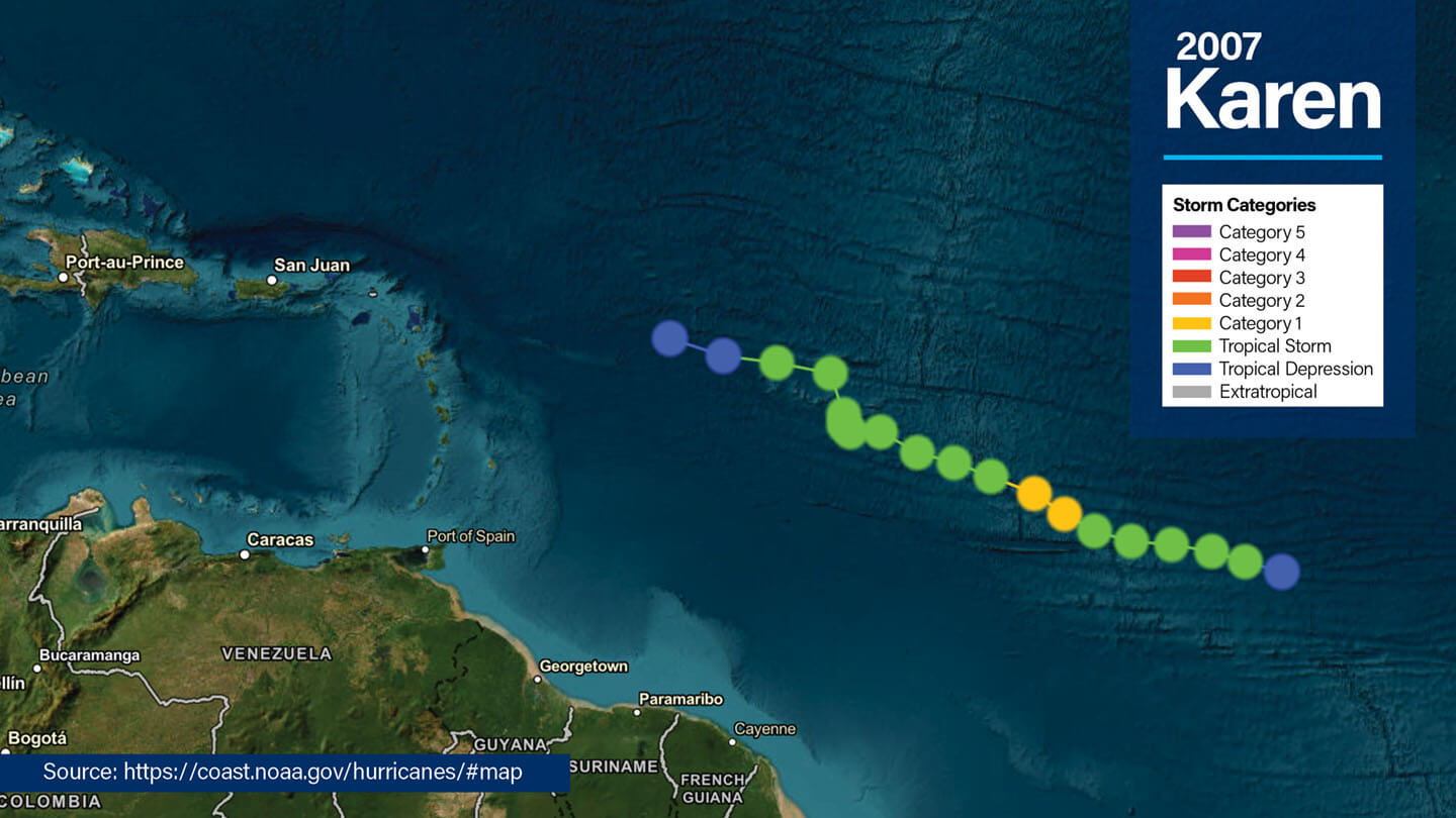 NOAA overview map of South America/Caribbean showing the path of 2007 Hurricane Karen