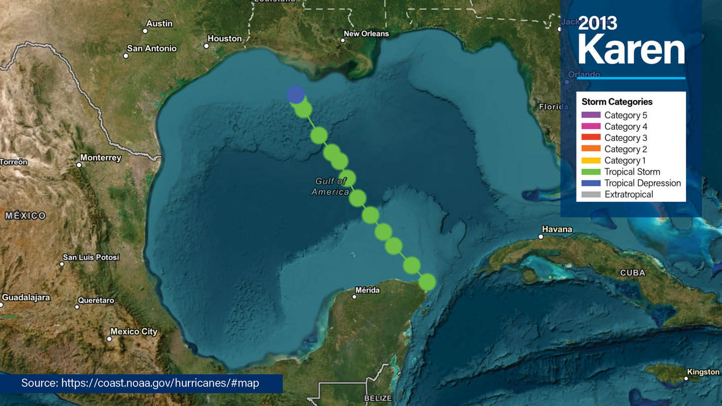 NOAA overview map of North America showing the path of 2013 Tropical Storm Karen