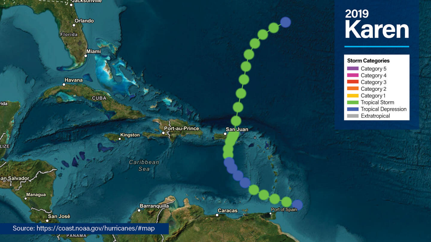NOAA overview map of North America/Caribbean showing the path of 2019 Tropical Storm Karen