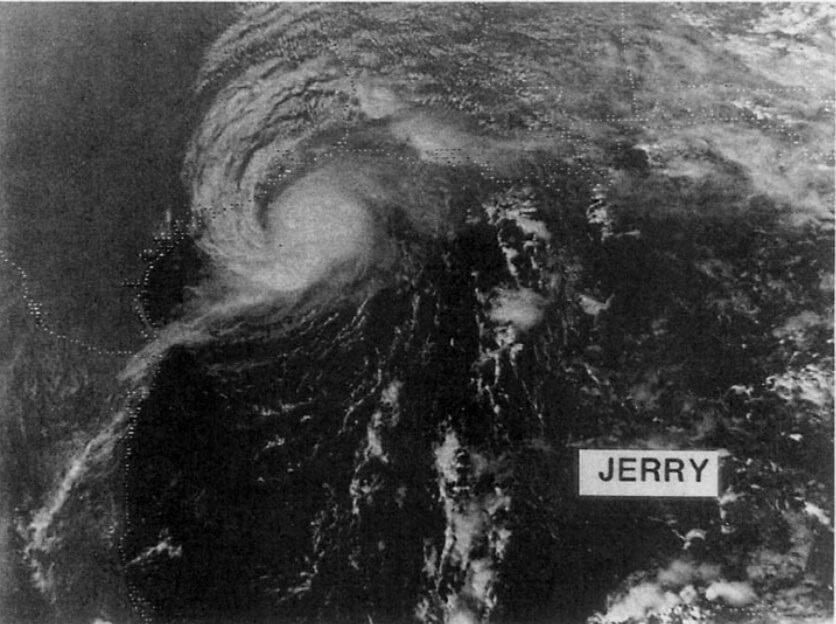 GOES visible image of Hurricane Jerry at 1931 UTC 15 September, 1989, approaching upper Texas coast