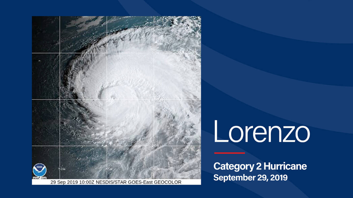 NESDIS STAR GOES visible satellite image of Hurricane Lorenzo on September 29, 2019