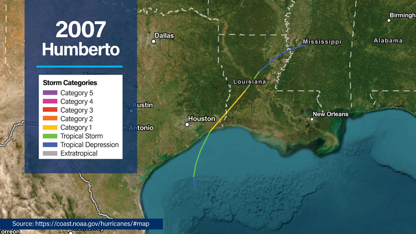 NOAA overview map of North America showing the path of 2007 Hurricane Humberto