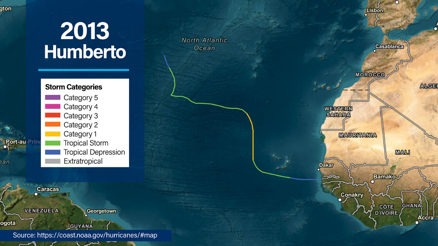 NOAA overview map of North America showing the path of 2013 Hurricane Humberto