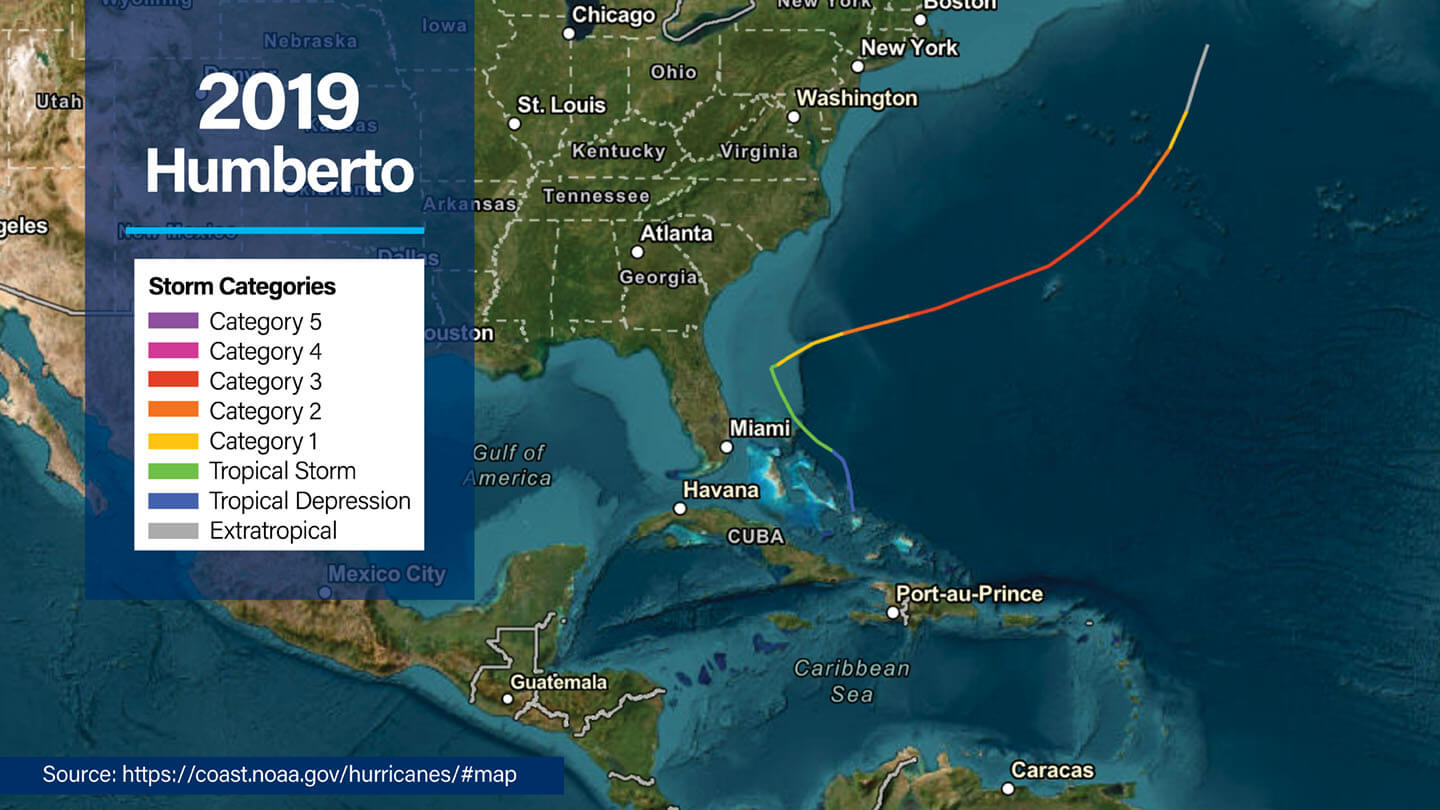 NOAA overview map of North America showing the path of 2019 Hurricane Humberto