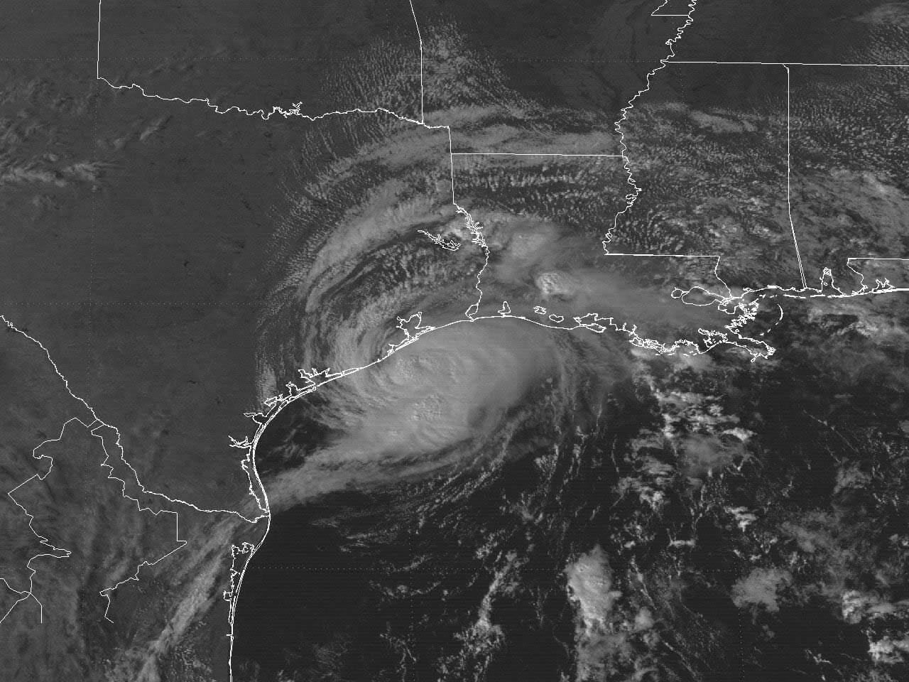 GOES-7 visible satellite image of Hurricane Jerry just before landfall along the Upper Texas coast at 4:01 pm CDT October 15, 1989