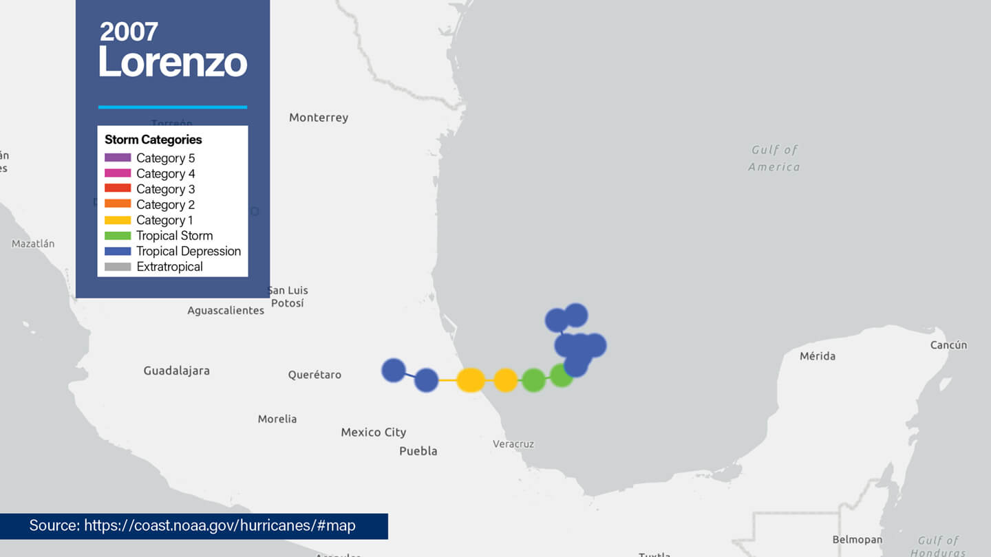 NOAA overview map of North America showing the path of 2007 Hurricane Lorenzo