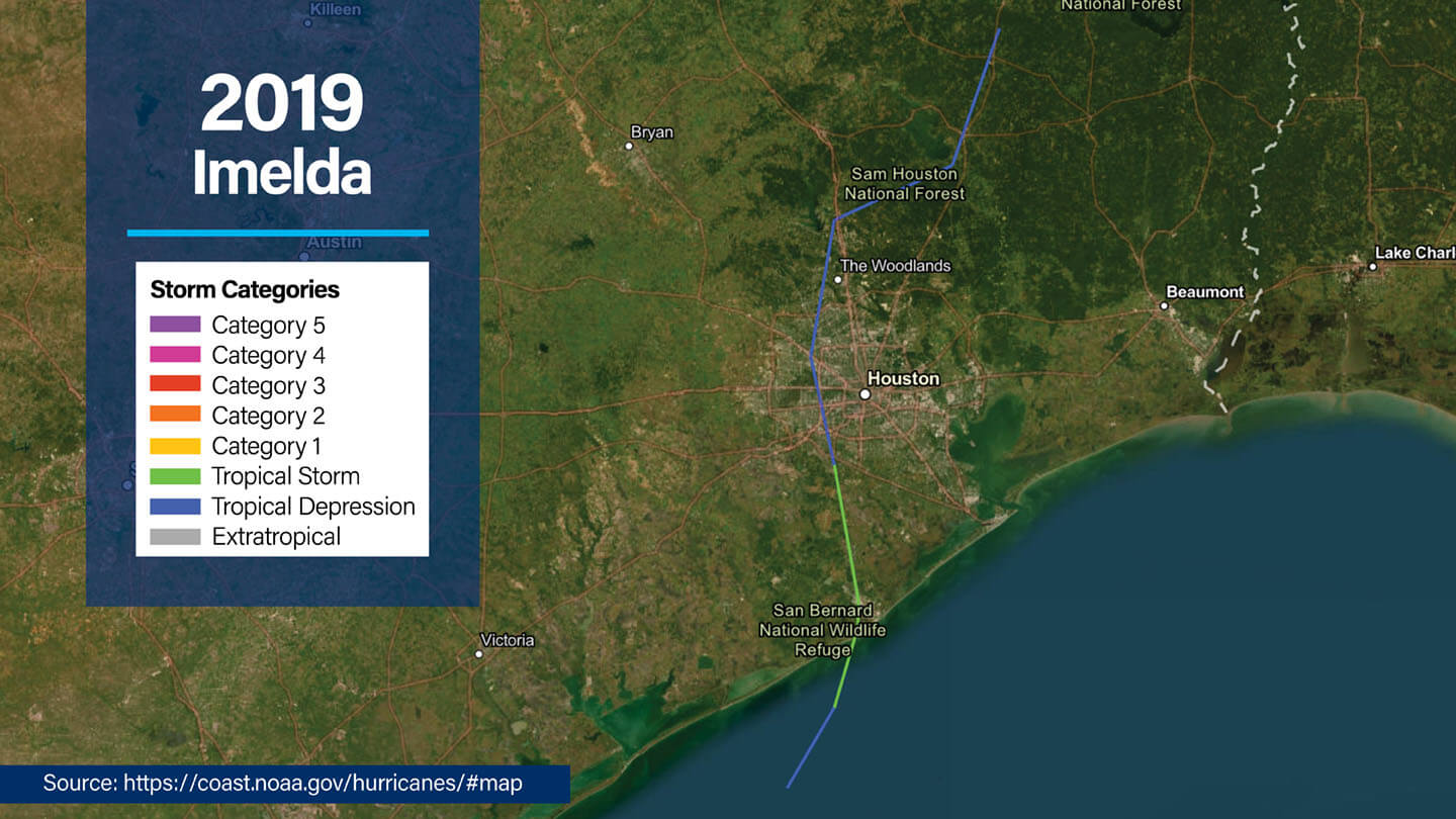 NOAA overview map of Gulf Coast showing the path of 2019 Tropical Storm Imelda