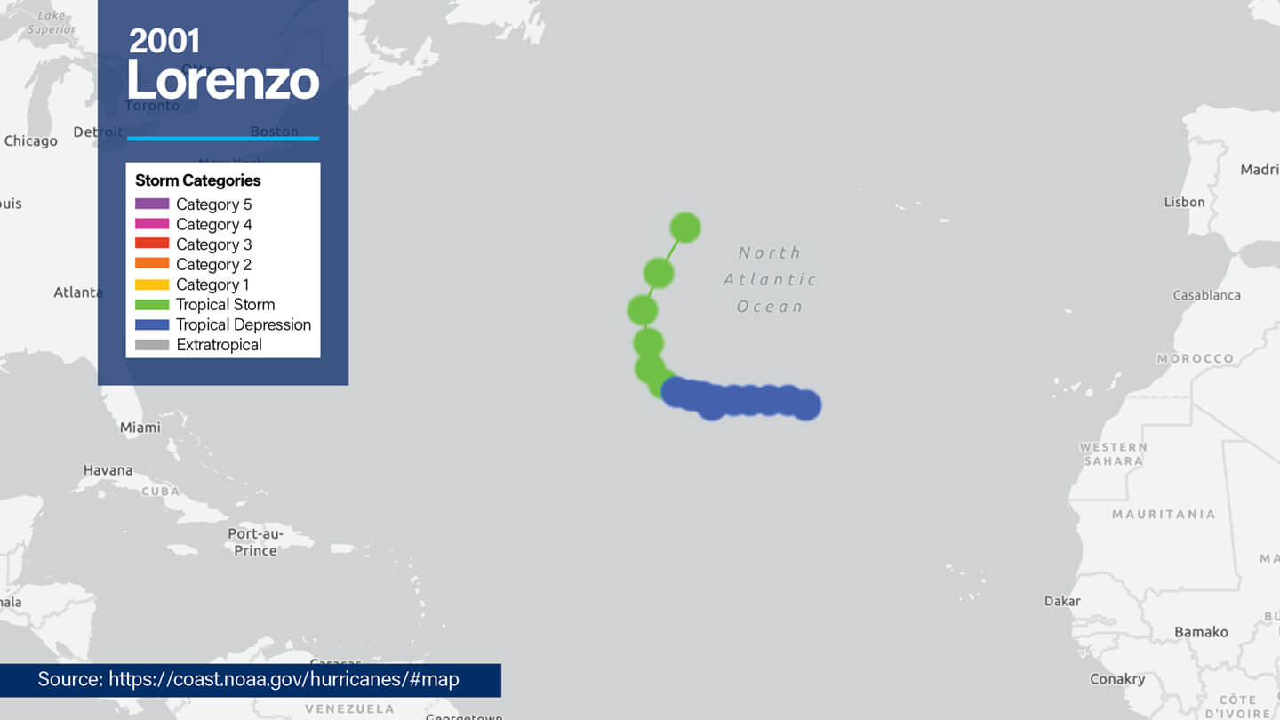 NOAA overview map of North America showing the path of 2001 Tropical Storm Lorenzo