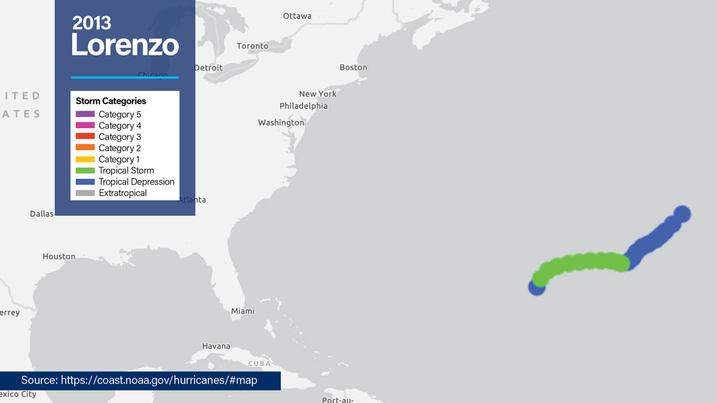 NOAA overview map of North America showing the path of 2013 Tropical Storm Lorenzo