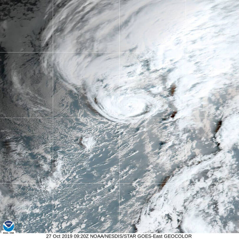 NESDIS STAR GOES visible satellite image of Hurricane Pablo in the Atlantic Ocean on October 27, 2019