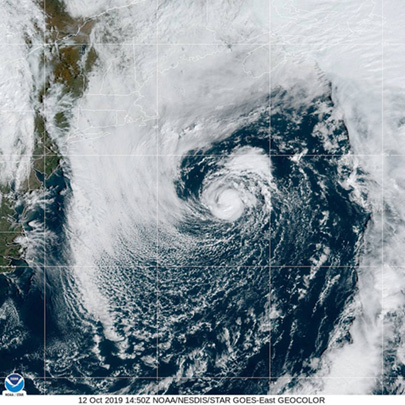 NESDIS STAR GOES visible satellite image of Tropical Storm Melissa next to the U.S. East Coast on October 12, 2019