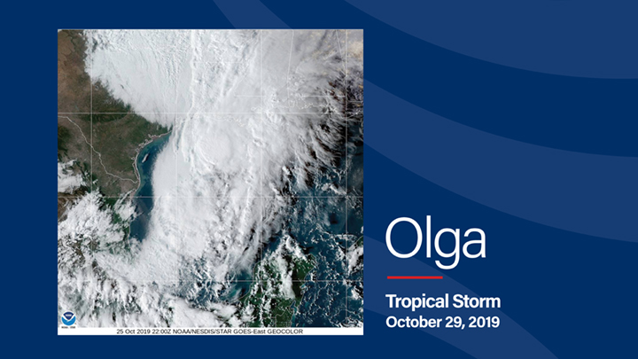 NESDIS STAR GOES visible satellite image of Tropical Storm Olga on October 25, 2019, off the coast of Texas