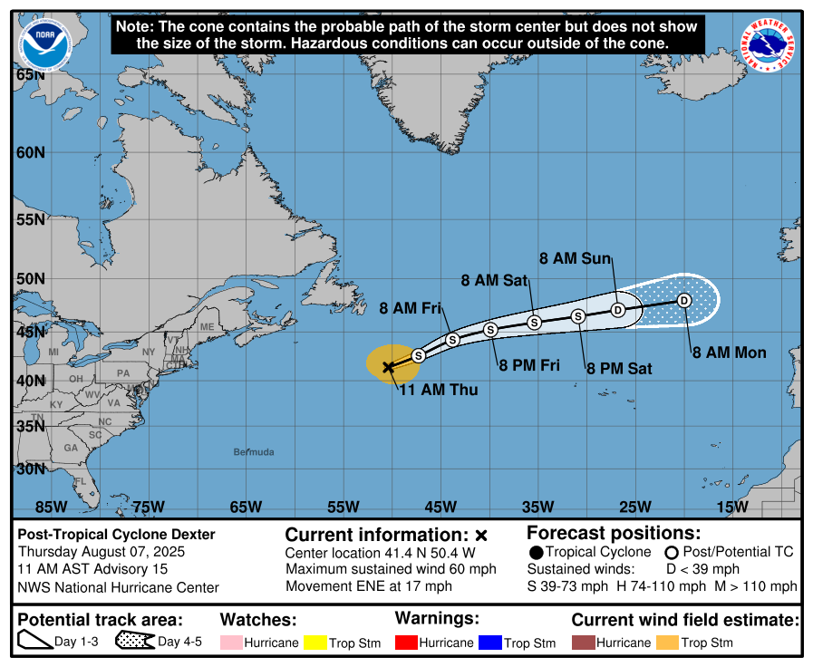 Tropical Storm Dexter 5-day cone path with line and wind from National Hurricane Center archives