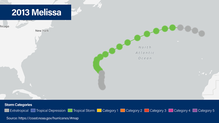 NOAA overview map of North America and the Caribbean showing the path of 2013 Tropical Storm Melissa