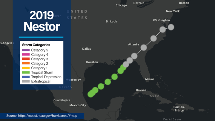 NOAA overview map of North America showing the path of 2019 Tropical Storm Nestor