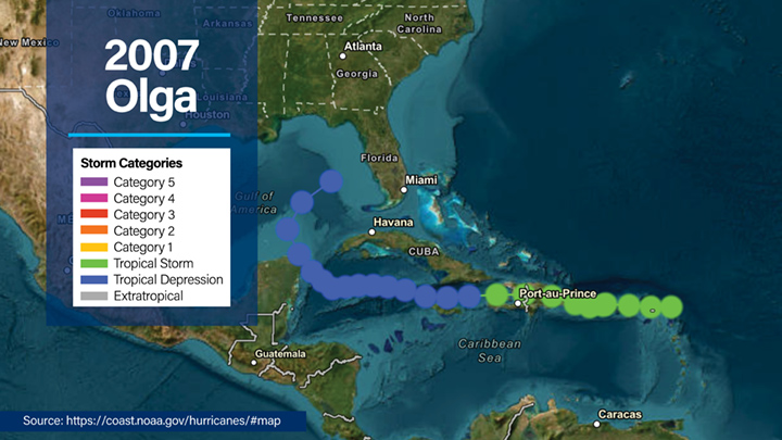 NOAA overview map of North America and the Caribbean showing the path of 2007 Tropical Storm Olga