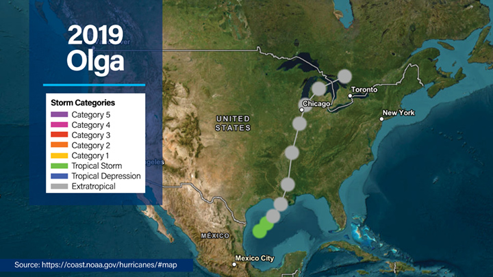 NOAA overview map of North America showing the path of 2019 Tropical Storm Olga