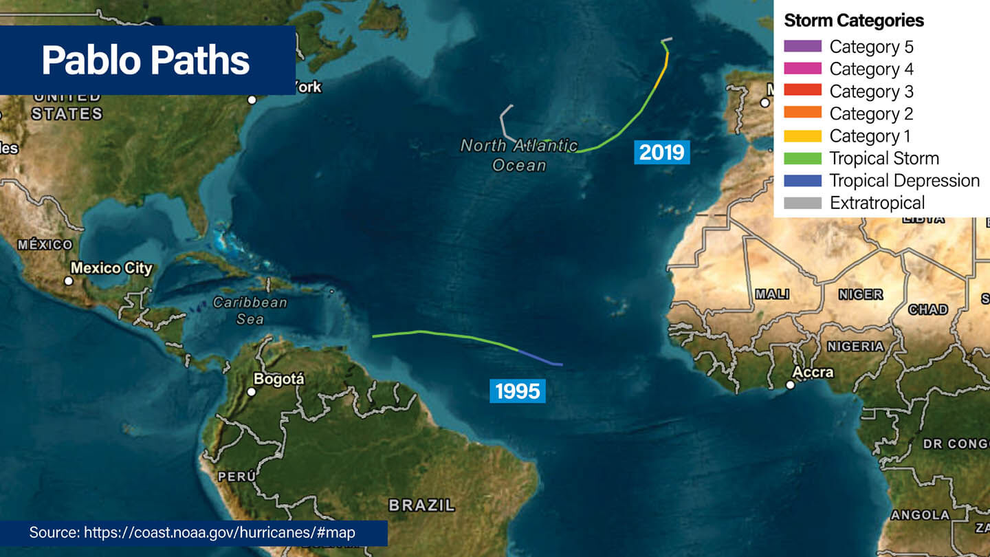 NOAA overview map of North Atlantic Ocean showing the paths of 1995 Tropical Storm Pablo and 2019 Hurricane Pablo