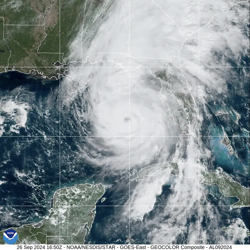 NESDIS STAR GOES visible satellite image of Hurricane Helene over Florida peninsula on September 26, 2024