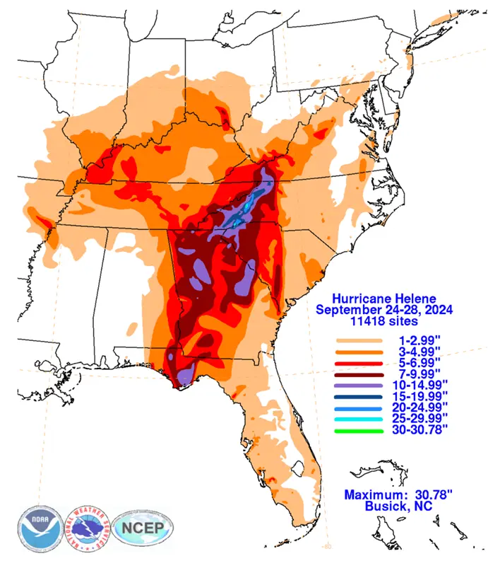 Analysis of storm total rainfall (inches) for Hurricane Helene