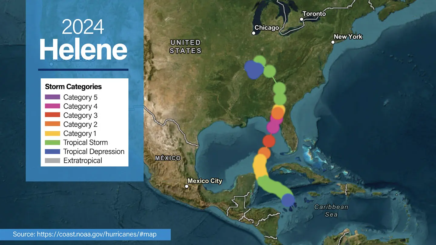 Path of Hurricane Helene in 2024 from NOAA historical hurricane tracks