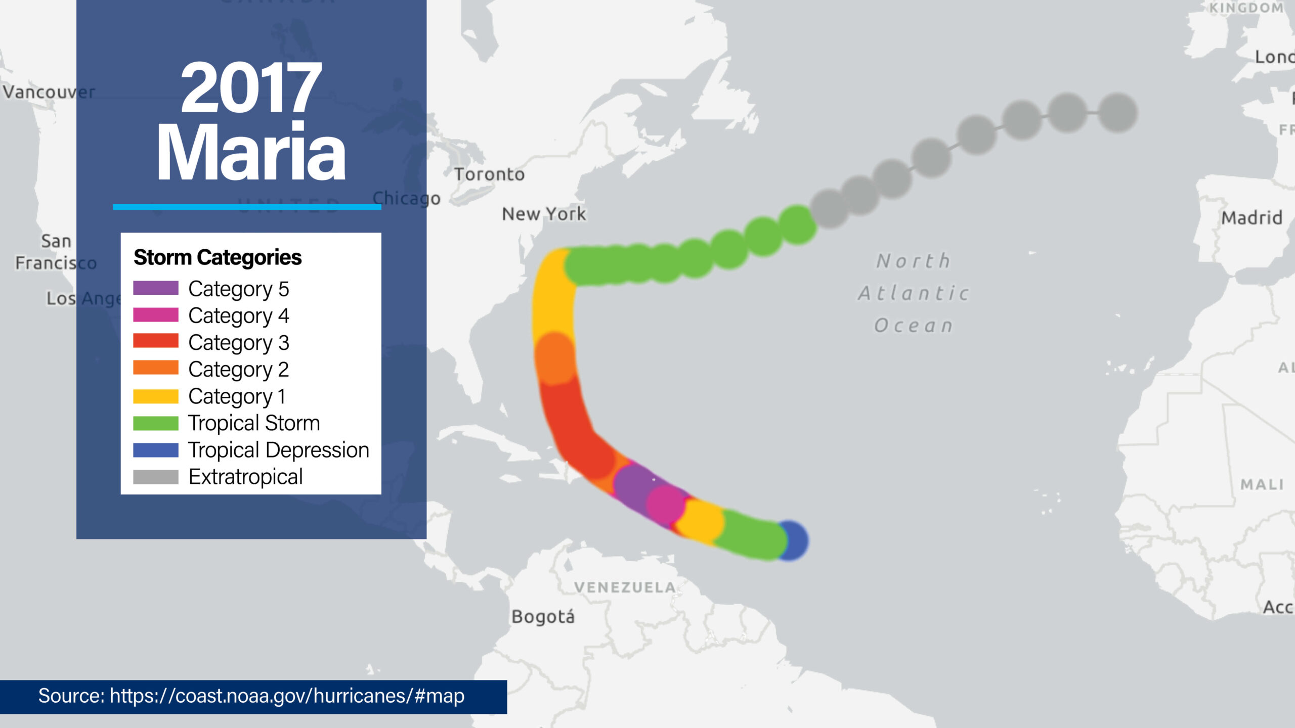 Path of Hurricane Maria in 2017 from NOAA historical hurricane tracks
